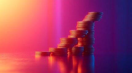 An elegant upward graph, golden coins meticulously stacked into steps leading to its highest point, glowing highlights creating reflections, a clean and minimal gradient background,