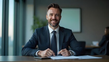 Fototapeta premium Professional's Confident Presence: A distinguished businessperson in a sharp suit, radiating confidence and expertise while seated at a desk. Captured with a focus on the poised professional.
