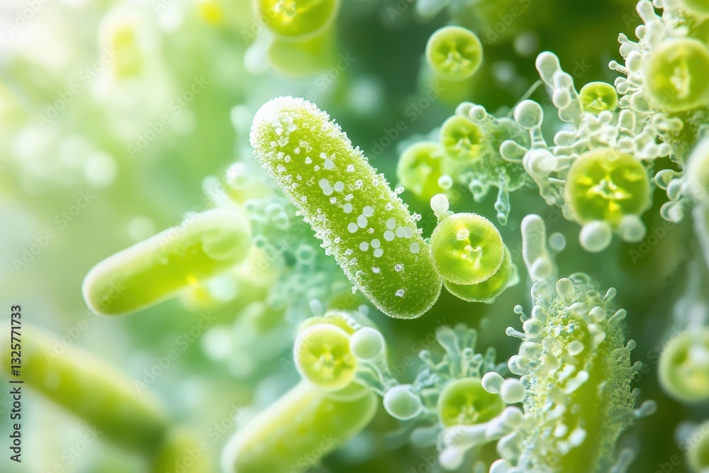 Poster microscopic view of green bacteria cells in detailed 3d rendering