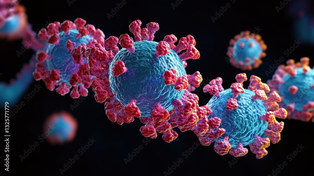 Poster microscopic view of virus particles in red and blue hues against a dark background