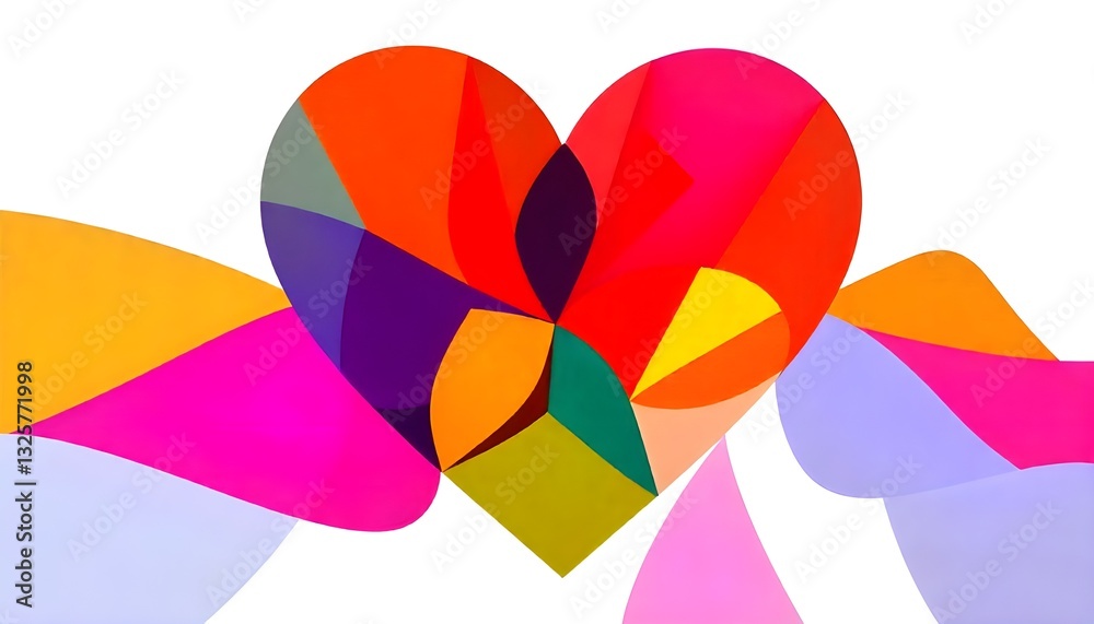 Poster a stylized yarn image of a heart made up of interconnected shapes and colors, perfect for happiness 