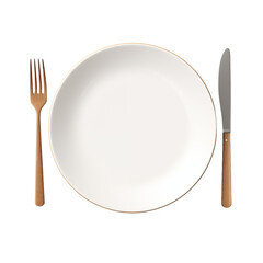top view of ceramic plate with fork and knife, perfect for dining, isolated on transparent background