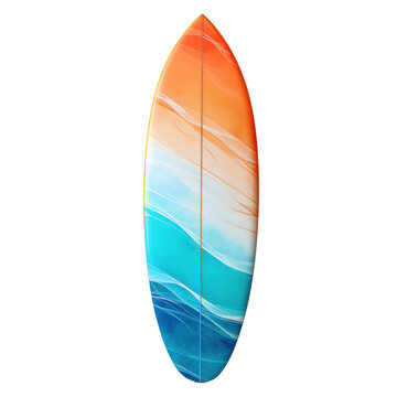 Colorful surfboard with orange and blue waves on transparency background