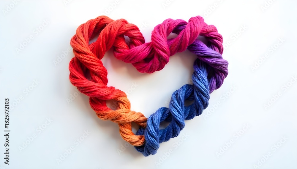 Poster a stylized yarn image of a heart made up of interconnected shapes and colors, perfect for happiness 