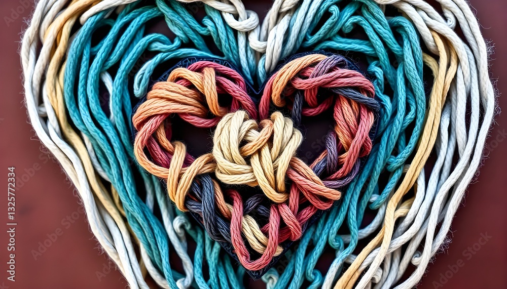 Poster a stylized yarn image of a heart made up of interconnected shapes and colors, perfect for happiness 