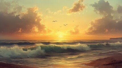 Obraz premium Serene Sunset Over Ocean with Soft Color Palette