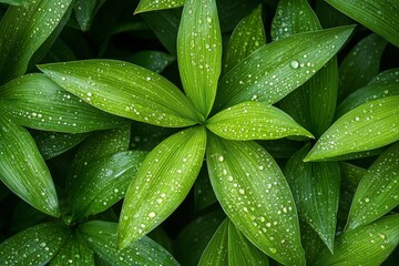 Fototapeta premium Close-up of dewdrops on grass blades, forming intricate patterns as they glisten in the morning light. Lush green nature scene.