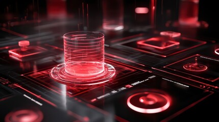 Illuminated Data Nexus: A futuristic, data-driven landscape pulsates with vibrant red hues, showcasing interconnected digital components and abstract server towers.