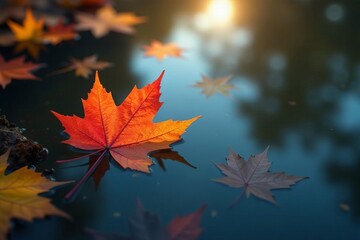 Fototapeta premium Tranquil autumn leaves floating on water surface in reflective pattern, nature, water