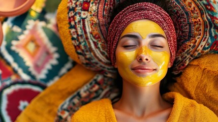 Relaxing Woman with Golden Face Mask Spa Day Beauty Treatment care calm skin model yellow serene    