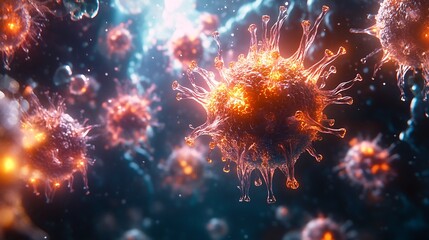 Fototapeta premium A dynamic illustration of flu virus mutation, multiple virus particles evolving, color-coded changes in their structure, glowing spike proteins, scientific accuracy, soft cinematic depth of field,