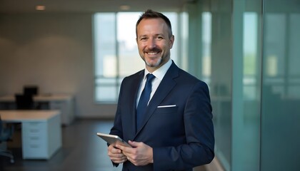 Confident Business Professional: A handsome man in a suit stands confidently in a modern office environment, holding a tablet and exuding professionalism and success. 