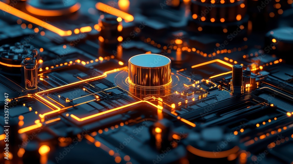 Poster circuit board brilliance: a macro view of a sophisticated circuit board glows with intricate pathway