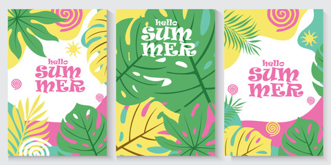 Summer greeting clipart banner poster set. spring tropical leaves with orange,strawberry, avocado, collection summer or spring poster in colorful abstract background