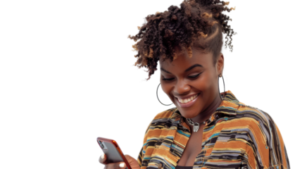 Cheerful young woman using smartphone with transparent background