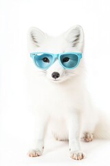 Obraz premium White fox wearing blue sunglasses sitting on white background cute pet animal looking stylish fashionable playful character fun unique.