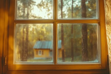 Obraz premium Close-up of textured window glass with an enchanting atmosphere, overlooking a blurred background of green trees and a cozy yellow house.