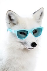 Obraz premium White fox wearing sunglasses looking stylish and cool, animal portrait with accessories, trendy pet fashion, unique wildlife photography, fun character expression.