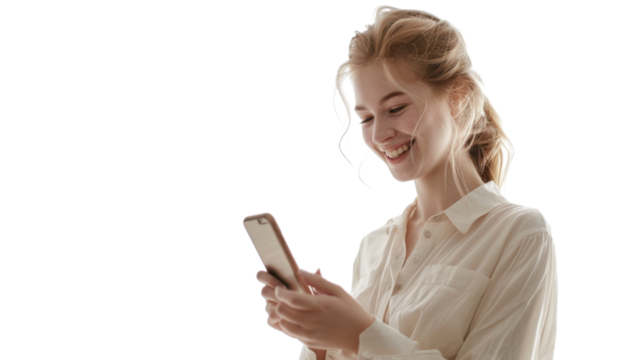Smiling businesswoman using smartphone with transparent background