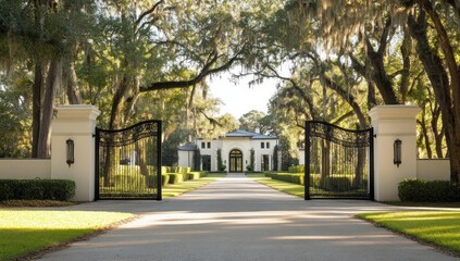 Fototapeta premium Luxurious estate driveway entrance with open gates under a canopy of trees