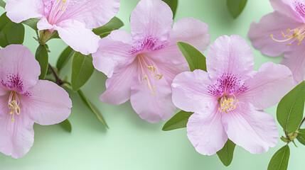 Obraz premium Delicate pink flowers with green leaves on soft mint background create serene atmosphere