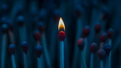 A single lit match standing out from the rest of unlit matches.