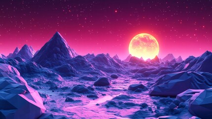 Pink and Purple Alien Landscape with Geometric Mountains at Sunset