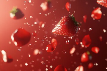 Obraz premium Red Strawberry Pieces Falling on Red Background