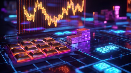 Financial Data Visualization: An evocative visual narrative unfolds, revealing a striking arrangement of golden bars alongside a dynamic financial data graph.
