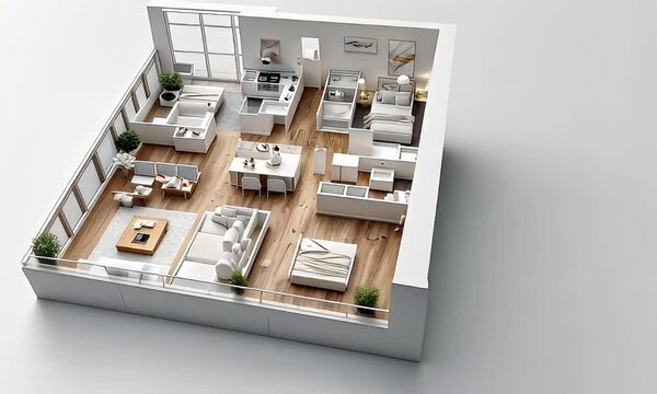 Apartment's 3D aerial view showcasing interior design in bright, minimalist setting with wood floors and balcony