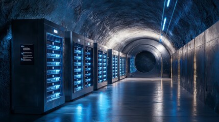 A state-of-the-art data center nestled within a secure underground facility. Showcasing the cutting-edge technology that powers the digital world.