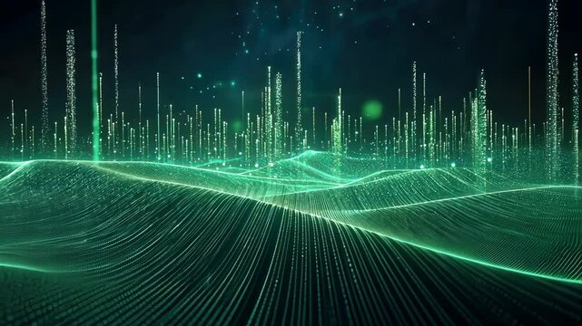 Futuristic green digital landscape with dynamic glowing data waves