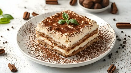 Composition with plate of tasty tiramisu