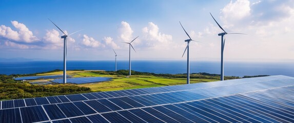 Solar panels and wind turbines harness renewable energy on a bright sunny day.