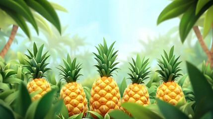 Fototapeta premium Tropical pineapple paradise illustration featuring lush foliage and ripe fruits