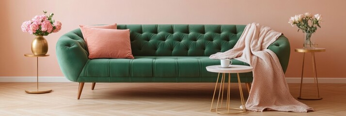 Green velvet sofa in pink room with roses, pillows, and throw.