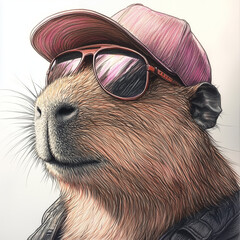 Cute Capybara in a fuccia baseball cap and aviator glasses, white background, sportsman