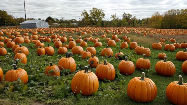 Expansive pumpkin patch on a cloudy autumn day with endless rows