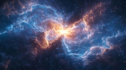 Naklejka premium Cosmic Nebula Swirl: Blue and Orange Glowing Nebula in Dark Space