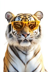 Fototapeta premium Tiger wearing sunglasses with a confident expression, playful animal portrait, exotic wildlife, vibrant colors, unique animal photography, fun and quirky.