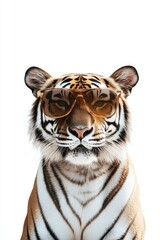 Fototapeta premium Tiger wearing sunglasses posing confidently on white background exotic wildlife portrait playful cool animal charismatic fashion sense.
