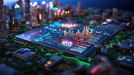 Obraz premium Futuristic Digital Cityscape with Circuit Board and Colorful Lights