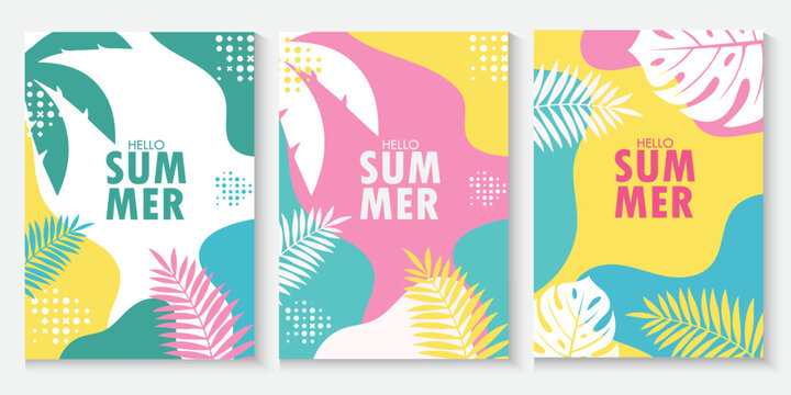 Summer greeting clipart banner poster set. spring tropical leaves with orange,strawberry, avocado, collection summer or spring poster in colorful abstract background