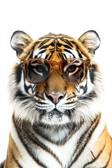 Fototapeta premium Tiger wearing sunglasses looking stylish and confident in a vibrant, artistic portrait, showcasing wildlife and fashion themes in a captivating image.