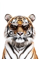 Fototapeta premium Tiger wearing sunglasses looking confident and cool against white background, wildlife portrait, exotic animal, fun and playful imagery for marketing.