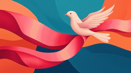 Obraz premium A stylized illustration of a bird in flight, surrounded by colorful ribbons and abstract shapes, conveying a sense of freedom and creativity.
