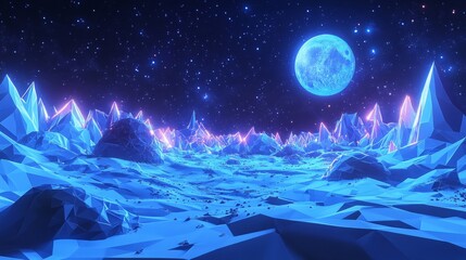 Fototapeta premium Blue and Purple Neon Mountainscape under a Glowing Moon