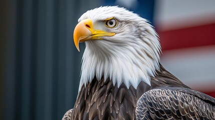 Fototapeta premium Majestic Bald Eagle Close up American Flag Background Wildlife Photography