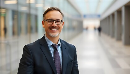 Fototapeta premium Confidence in Focus: A professional man, beaming with a warm smile, gazes directly at the viewer. Set against the blurred backdrop of a modern office building.