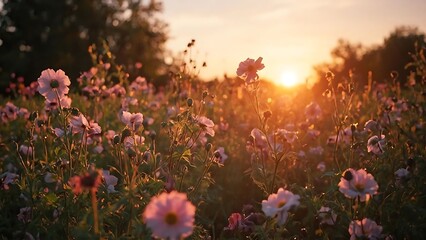 Obraz premium Sunset Field of Pink Flowers